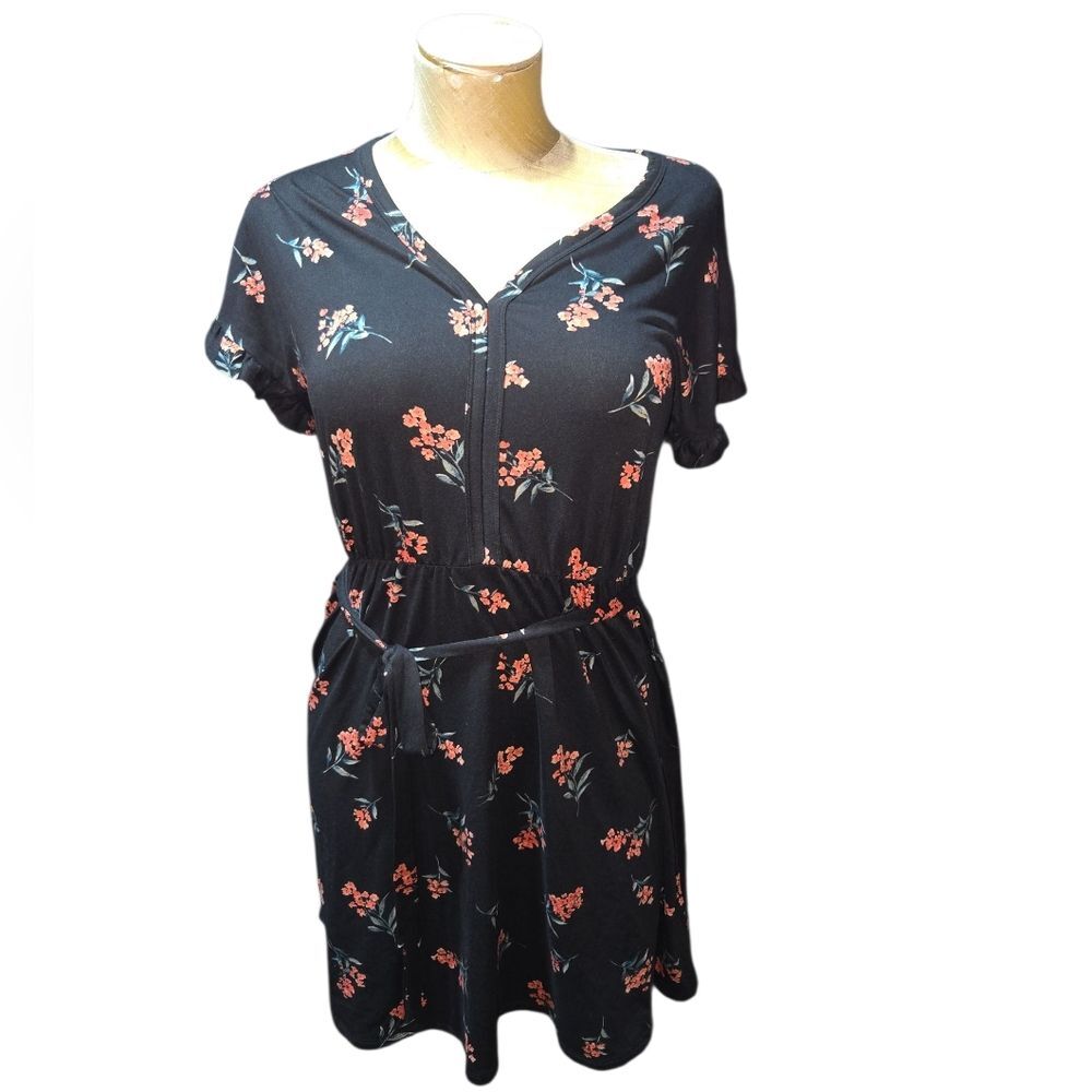 French Grey Elegant Black and Red Floral Dress